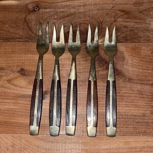 VTG Jean Claude Wood and Brass 2 Tine Cocktail Appetizer Pickle Forks Set Of 5